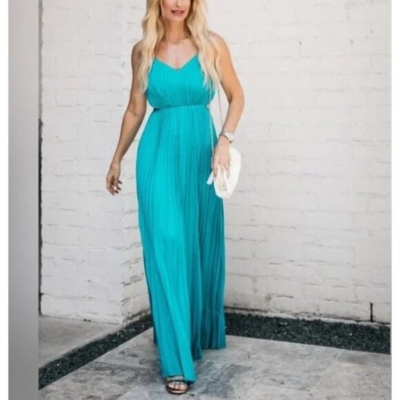 Express Jewel Tone Teal Pleated Side Cutout Maxi Dress Formal Blue Green Size S - Picture 1 of 16
